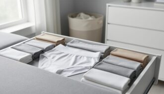 Folded seamless boyshorts and high-waist briefs arranged neatly on a light fabric surface in a bright, minimalist bedroom setting.