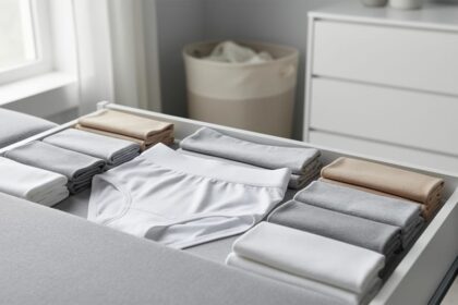 Folded seamless boyshorts and high-waist briefs arranged neatly on a light fabric surface in a bright, minimalist bedroom setting.