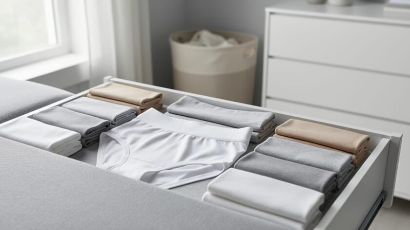 Folded seamless boyshorts and high-waist briefs arranged neatly on a light fabric surface in a bright, minimalist bedroom setting.