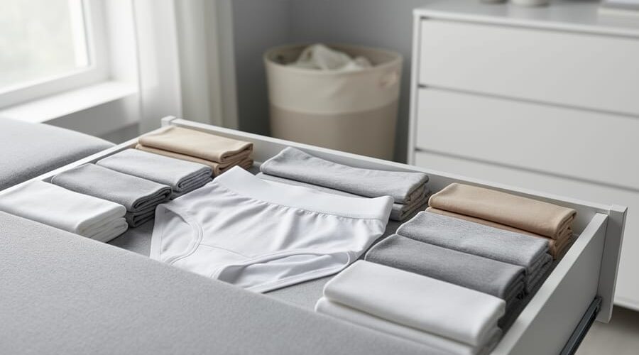 Folded seamless boyshorts and high-waist briefs arranged neatly on a light fabric surface in a bright, minimalist bedroom setting.