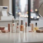 A modern vanity display with cosmetics and skincare products, with a softly blurred retail shopping background suggesting Canadian beauty options.