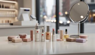 A modern vanity display with cosmetics and skincare products, with a softly blurred retail shopping background suggesting Canadian beauty options.
