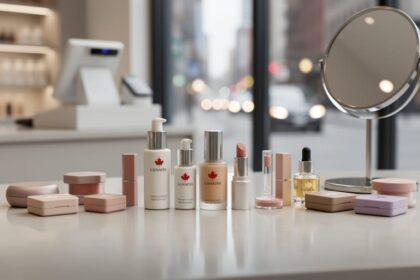 A modern vanity display with cosmetics and skincare products, with a softly blurred retail shopping background suggesting Canadian beauty options.