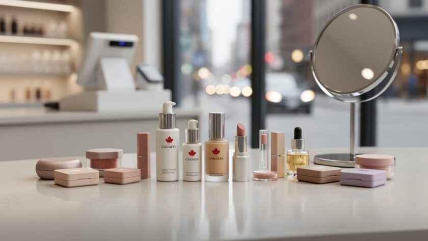 A modern vanity display with cosmetics and skincare products, with a softly blurred retail shopping background suggesting Canadian beauty options.