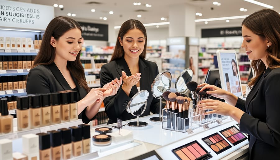 Hands holding foundation and a makeup brush at a Canadian beauty counter