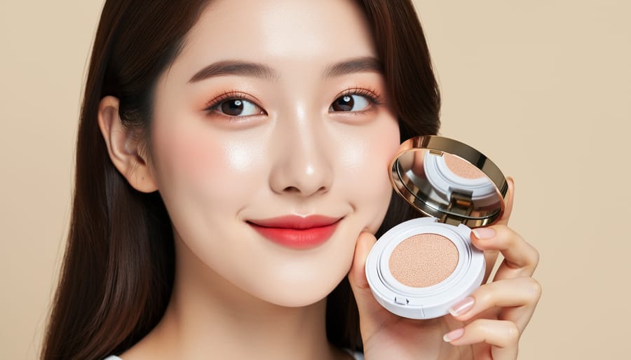 Woman applying K-Beauty makeup using a cushion compact and gradient lip tint at a vanity