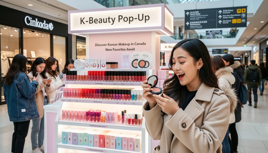 Pop-up retail display showcasing Korean-style beauty products in a Canadian shopping environment