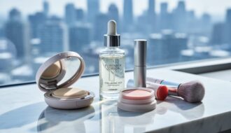 Close-up of Korean beauty makeup and skincare products, including a cushion compact and hydrating serum, arranged on a modern vanity with a dewy, glowing look.