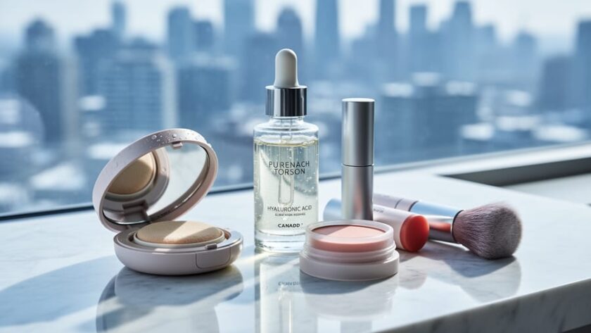 Close-up of Korean beauty makeup and skincare products, including a cushion compact and hydrating serum, arranged on a modern vanity with a dewy, glowing look.