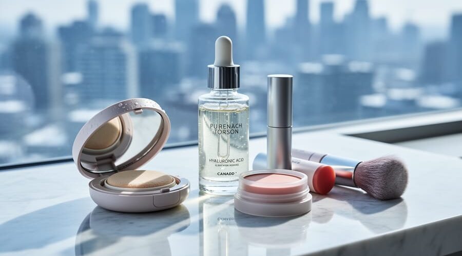 Close-up of Korean beauty makeup and skincare products, including a cushion compact and hydrating serum, arranged on a modern vanity with a dewy, glowing look.