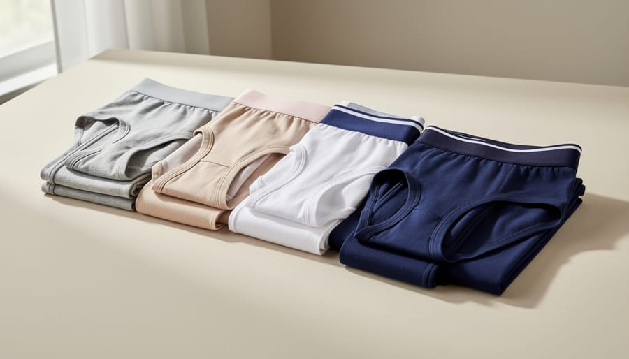 Folded men’s underwear in neutral colors on a bedroom dresser with soft natural light