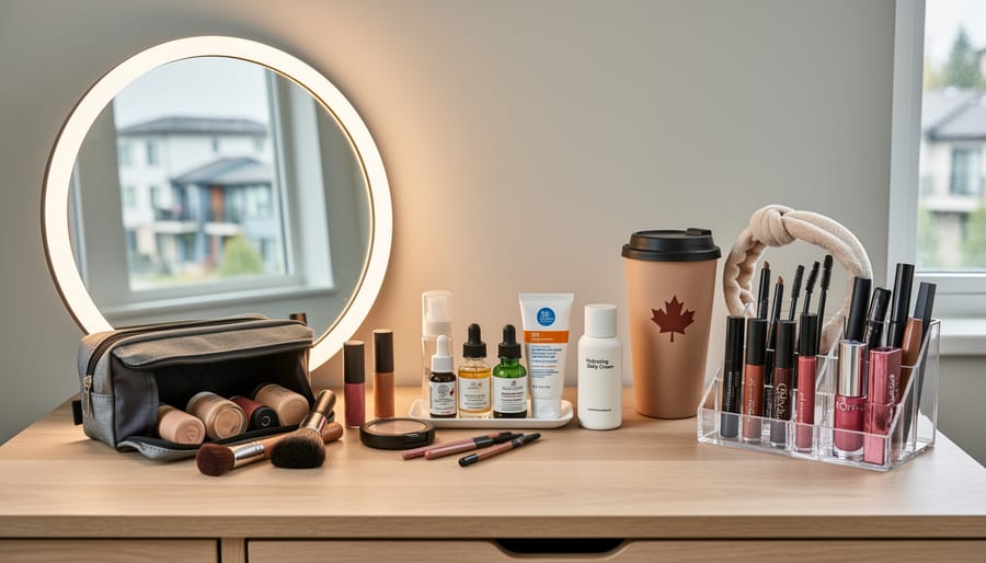 Cosmetics arranged on a vanity with warm light including serum, tinted moisturizer, lip gloss, and a palette