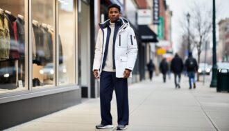 Model wearing a layered insulated Canadian parka and streetwear in an urban setting with softly blurred winter city elements.