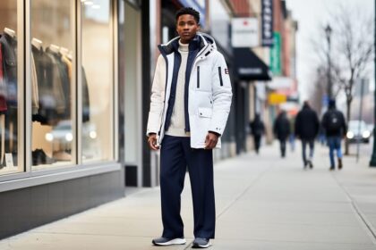 Model wearing a layered insulated Canadian parka and streetwear in an urban setting with softly blurred winter city elements.