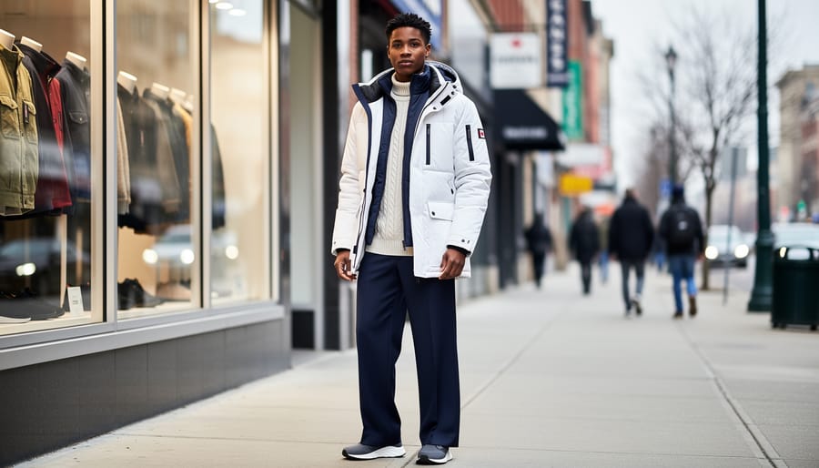 Model wearing a layered insulated Canadian parka and streetwear in an urban setting with softly blurred winter city elements.