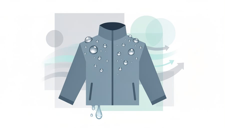 Close-up of raindrops beading on a waterproof outdoor jacket sleeve with flowing water on stone