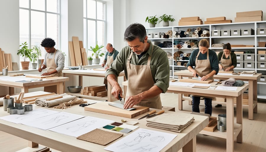 Designer working in a textile studio with fabric pieces, sewing machine, and thread spools
