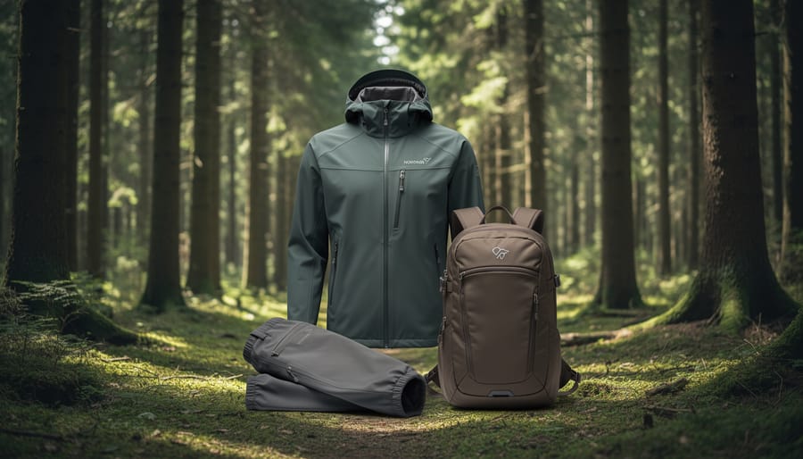 Minimalist outdoor jacket and knit cap hanging from a birch tree in a Scandinavian-style forest