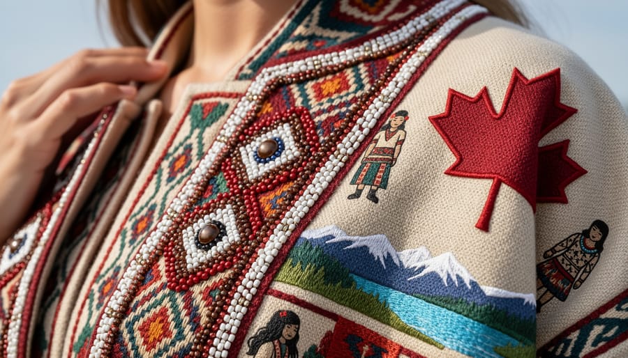 Model wearing a beaded, culturally inspired outfit with textured fabric outdoors at golden hour