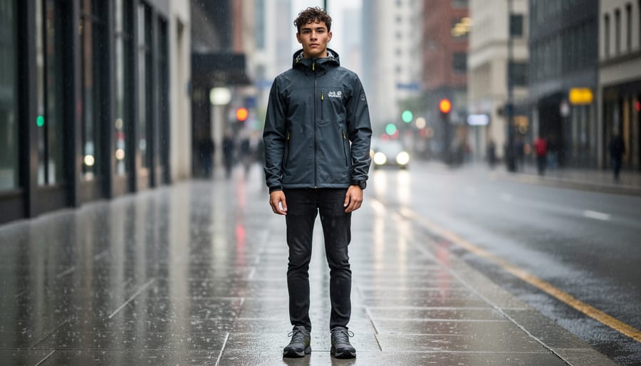 Model wearing an outdoor field jacket walking on wet pavement with a blurred city park background