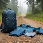 Outdoor hiking jacket and daypack on a rocky forest trail with evergreen trees and mist in the background.