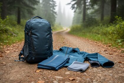 Outdoor hiking jacket and daypack on a rocky forest trail with evergreen trees and mist in the background.
