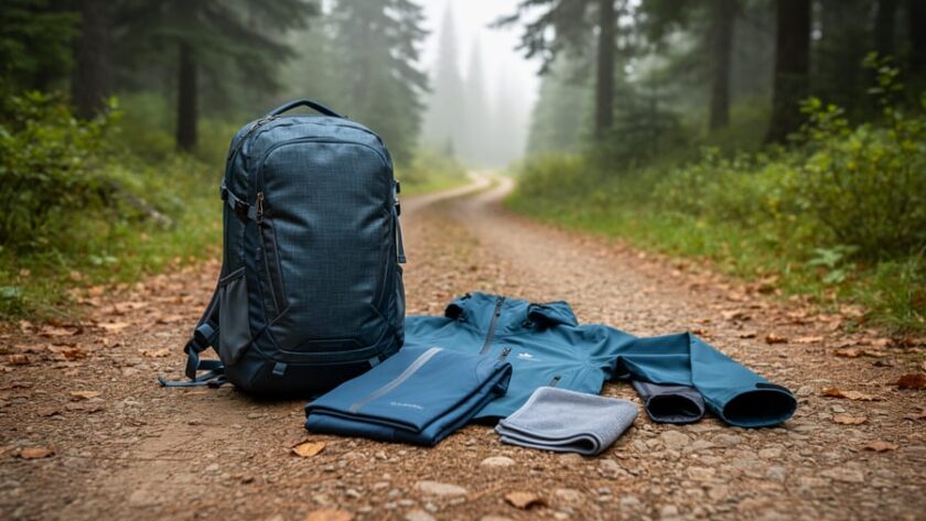 Outdoor hiking jacket and daypack on a rocky forest trail with evergreen trees and mist in the background.