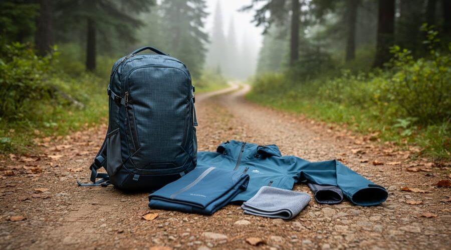 Outdoor hiking jacket and daypack on a rocky forest trail with evergreen trees and mist in the background.
