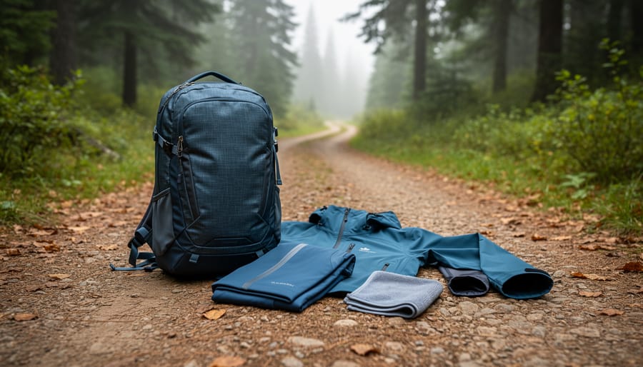 Outdoor hiking jacket and daypack on a rocky forest trail with evergreen trees and mist in the background.