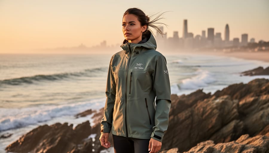 Outdoor rain jacket draped over a rock with accessories near a misty coastal landscape