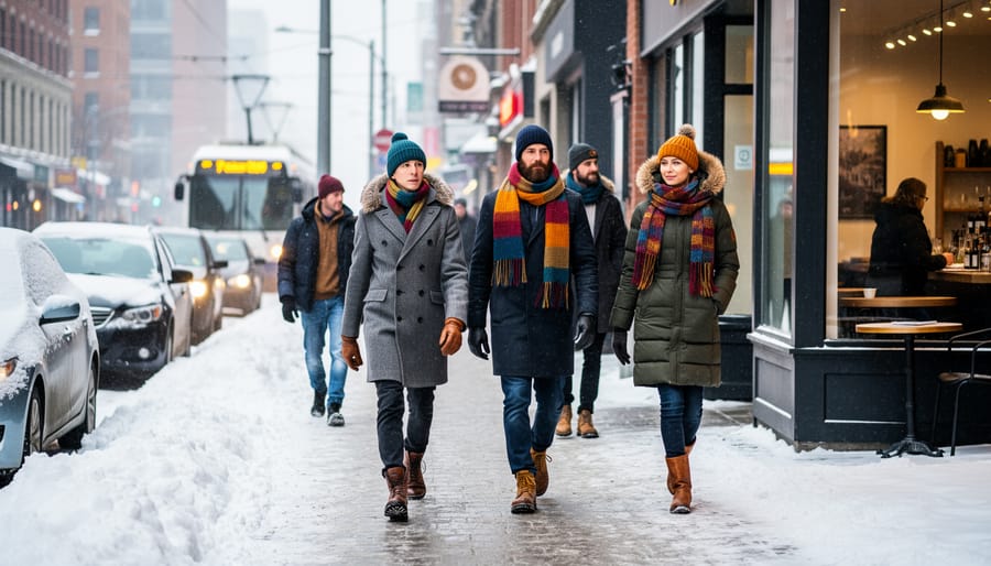 People wearing winter parkas and knit hats walking on a snowy street in Canada