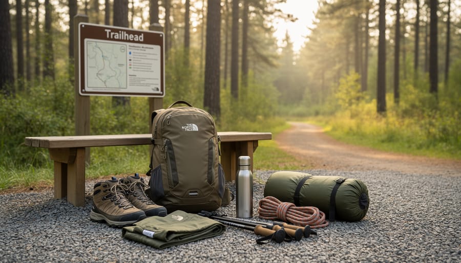 Trailhead bench with North Face-style hiking clothing and backpack straps laid out