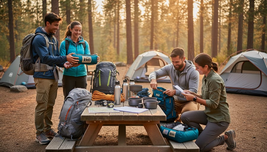Two hikers exchanging a folded outdoor vest at a campsite table