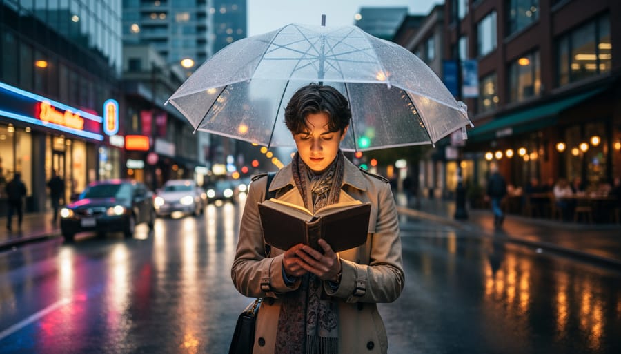 A stylish jacket next to an open paperback on a rainy Vancouver street bench
