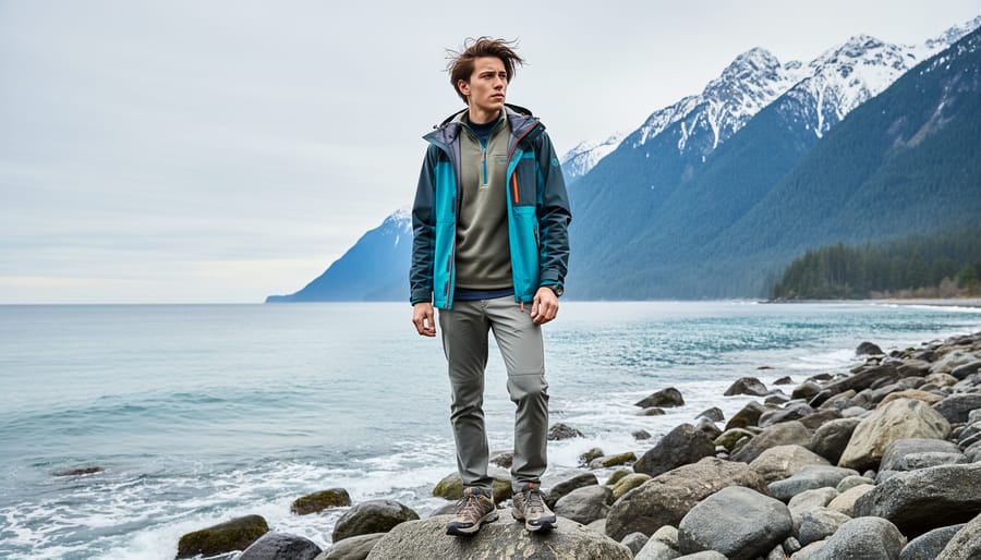 Activewear and a scarf resting on a railing overlooking the ocean and mountains in Vancouver