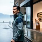 “A person wearing a refined technical jacket walks past a Vancouver gallery entrance on a rainy street with ocean and mountains softly visible in the distance.”