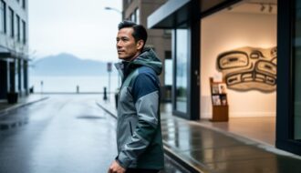 “A person wearing a refined technical jacket walks past a Vancouver gallery entrance on a rainy street with ocean and mountains softly visible in the distance.”