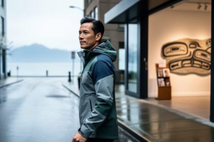 “A person wearing a refined technical jacket walks past a Vancouver gallery entrance on a rainy street with ocean and mountains softly visible in the distance.”
