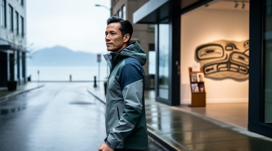 “A person wearing a refined technical jacket walks past a Vancouver gallery entrance on a rainy street with ocean and mountains softly visible in the distance.”
