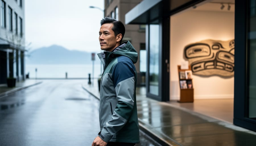 “A person wearing a refined technical jacket walks past a Vancouver gallery entrance on a rainy street with ocean and mountains softly visible in the distance.”
