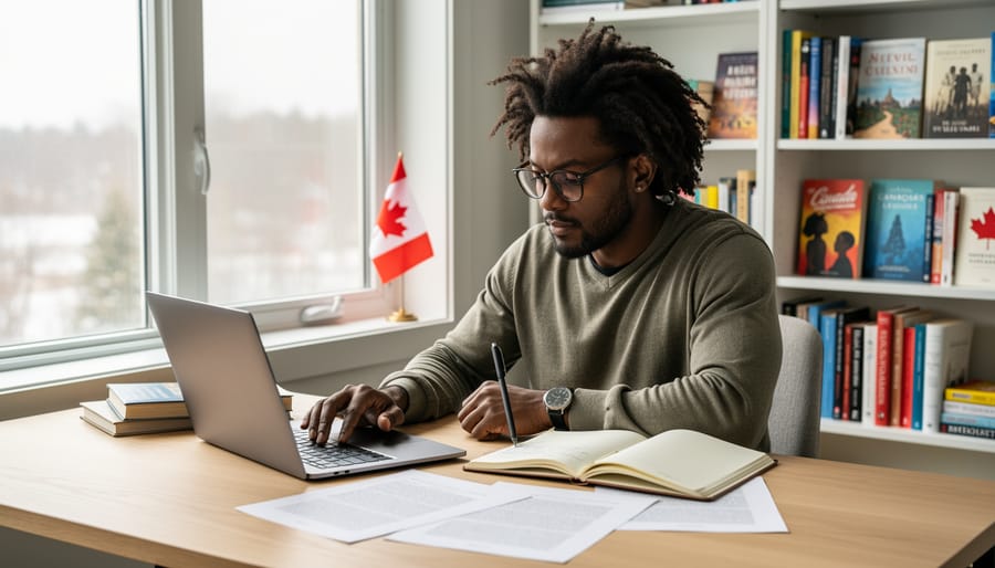 Black Canadian author holding an open book at a desk with writing notes