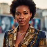 Close-up of a Black Canadian model showcasing an Afrocentric-inspired outfit and natural hair texture in an artsy urban setting, captured in warm daylight.