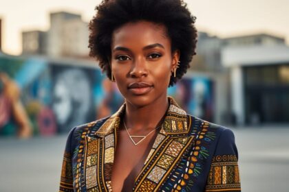 Close-up of a Black Canadian model showcasing an Afrocentric-inspired outfit and natural hair texture in an artsy urban setting, captured in warm daylight.