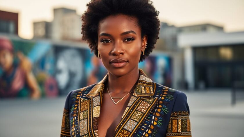 Close-up of a Black Canadian model showcasing an Afrocentric-inspired outfit and natural hair texture in an artsy urban setting, captured in warm daylight.