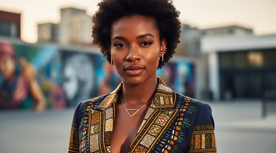 Close-up of a Black Canadian model showcasing an Afrocentric-inspired outfit and natural hair texture in an artsy urban setting, captured in warm daylight.