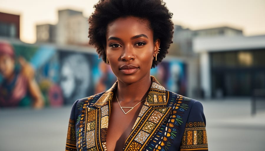 Close-up of a Black Canadian model showcasing an Afrocentric-inspired outfit and natural hair texture in an artsy urban setting, captured in warm daylight.