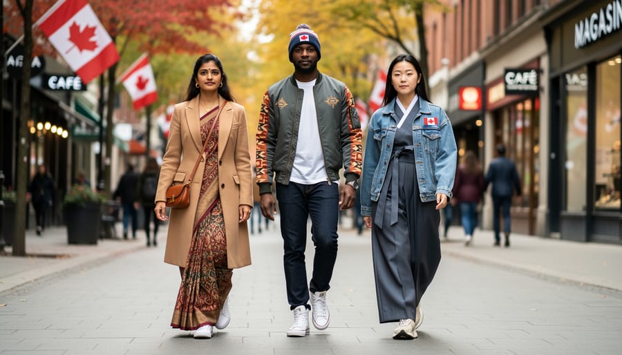 Black Canadian person in street fashion with headwrap standing near a colorful mural