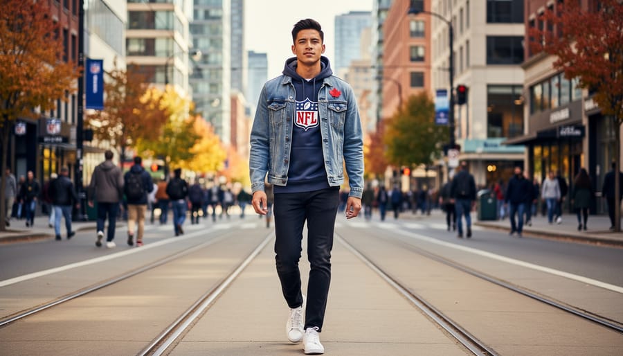 Canadian NFL fan wearing an official jersey and cap in a street-style setting