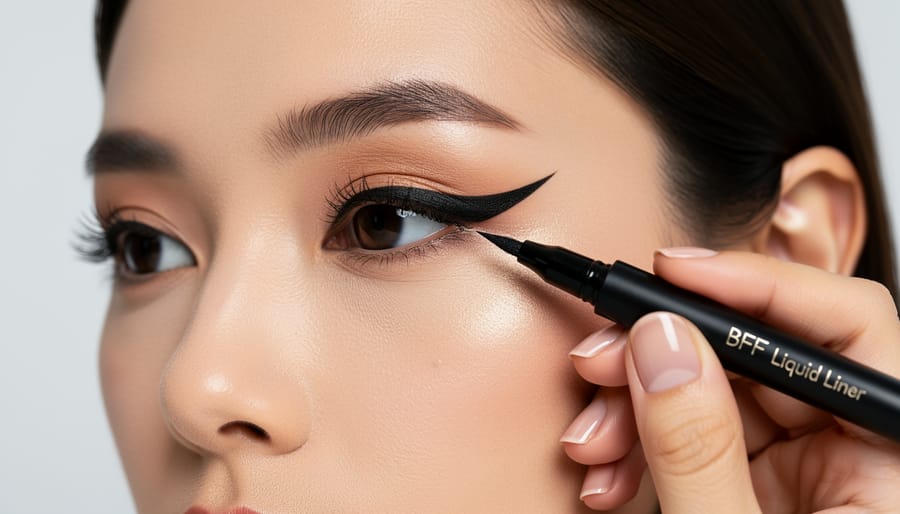 Close-up of liquid eyeliner being applied to create a sharp wing on an eye
