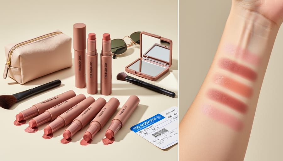 Blush Stix with a makeup pouch and fingertip blush streak for on-the-go touch-ups